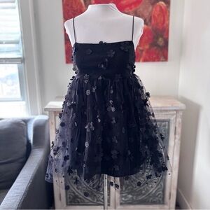 Trixxi Black Babydoll Dress Floral Appliqué Layered Tulle Spaghetti Straps XS